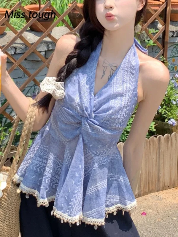 Women Summer Halter Neck Sleeveless Backless Blouse Top Lace Trim Boho Peplum Camisole Elegant Holiday Beachwear Korean Style
