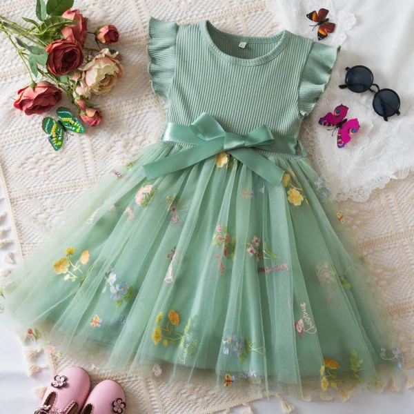 Baby Girls Birthday Princess Dress Flower Embroidered Flying Sleeve Mesh Dress Infant Summer Girls Party Beach Holiday Clothing - Image 3