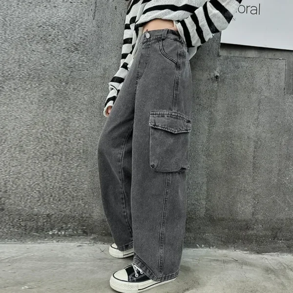 New 2025 Girls Vintage Big Pocket Jeans Long Trousers Kids Loose Wide Leg Denim Cargo Pants Teen Spring Autumn Casual Clothing - Image 2