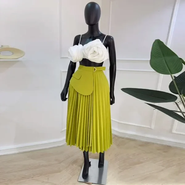 Women Summer High Waist Patchwork Belt Big Swing Pleated Long Maxi Midi Skirt Holiday OL Street Party A-Line Skirts - Image 2
