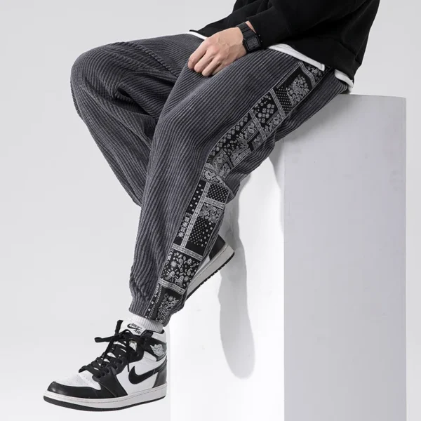 Trousers Chinese Style Printed Stitching Corduroy Men's Casual Pants Autumn Winter New Male Elastic Waist Small Feet Sweatpants - Image 2