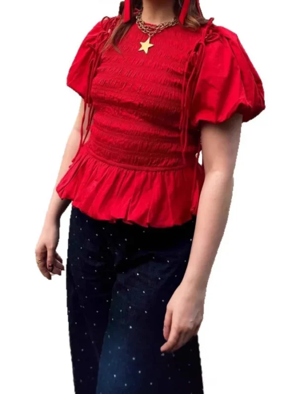 Women's Short Puff Sleeve Tops Solid Color Round-Neck Shirred Tie-up Bow Peplum Blouse - Image 4