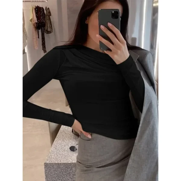 JINIA Women Long Sleeve Crop Top Y2K Basic Tee Solid Skew Neck Pullover Autumn Streetwear Black - Image 5