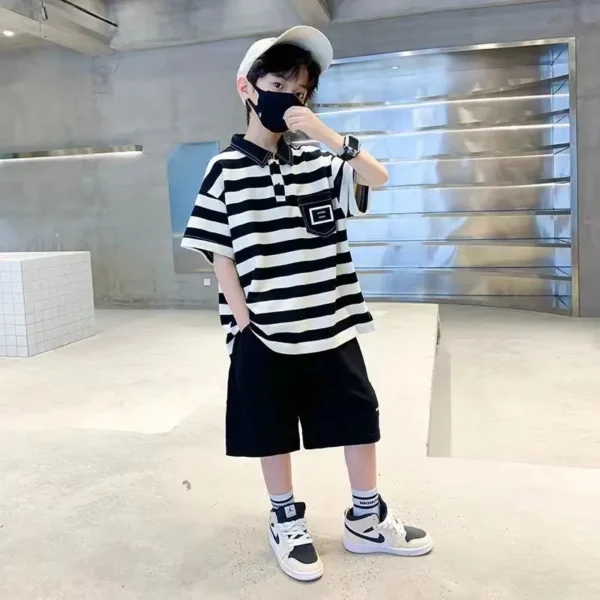 Cotton Polo T-shirt Children's Clothing From 3 To 4 Boys Rash Guard Set Korean 2025 Summer Junior Top and Bottom Clothes Kids - Image 3