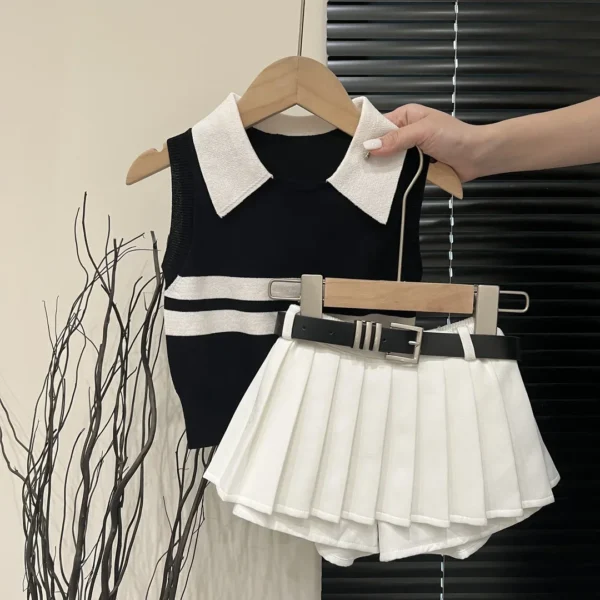 Fashionable Pleated Skirt Two Piece Set New Baby Girls Knitted Polo Shirt Summer Set Latest Children's Western Style Tank Top - Image 3