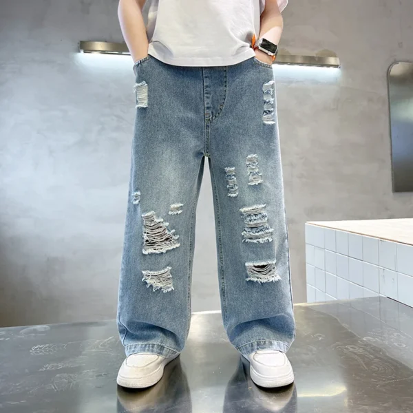 Boy Vintage Streetwear Ripped Baggy Jeans with Holes High Waist Straight Leg Jeans Child Casual Loose Denim Pants For Kids Teen