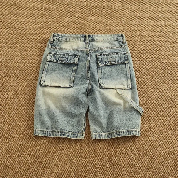 Summer new popular denim medium pants fashion men high street trend baggy multi-pocket cargo quarter - Image 4