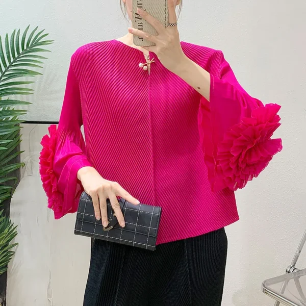 Miyake Pleated Applique Solid Colour Women's Tops 2025 Summer New Premium Sense Fashion Casual Loose Peplum T-Shirt ALSEY - Image 4