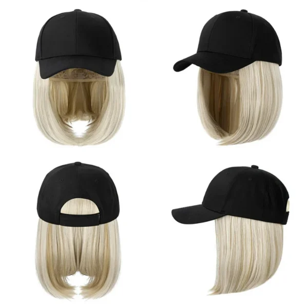Synthetic Adjustable Black Hat Wigs Short Bob Straight Baseball Cap Wig Seamless Connection Hair Extensions for Women - Image 2