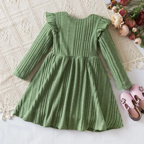 2024 New Girls Knitting Wool Long Sleeve Dress Korean Autumn Girls Baby Ruffle Knit Rib Princess Sweater Dress Casual Clothes - Image 6
