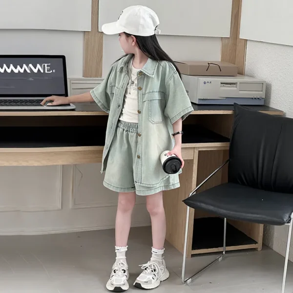summer 4-14 ensemble jeans fille casual Short sleeved Denim Shirt+Shorts Two piece teen girl clothes suit child kid outfits sets - Image 3