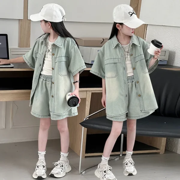 summer 4-14 ensemble jeans fille casual Short sleeved Denim Shirt+Shorts Two piece teen girl clothes suit child kid outfits sets - Image 2