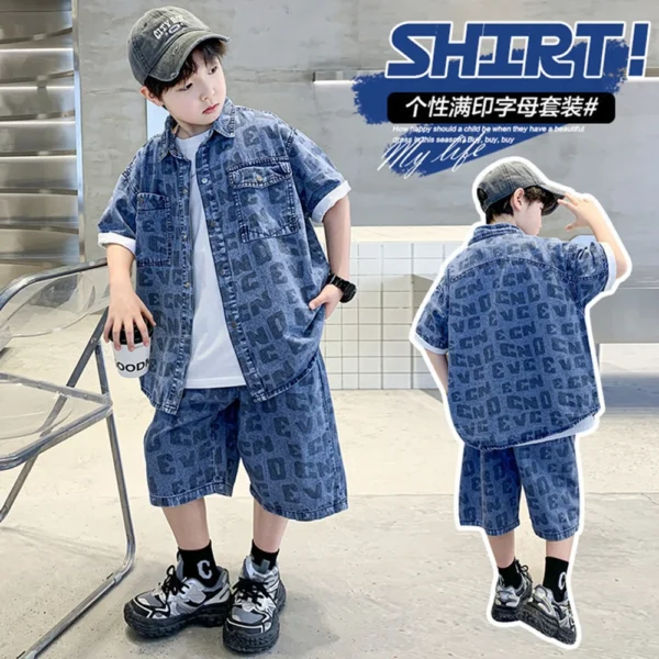 New Summer Boys Casual Clothing Set for Kids Shirt And Short Denim 2 Piece Outfit Set Teens Child Cool Streetwear Suit Wear - Image 3