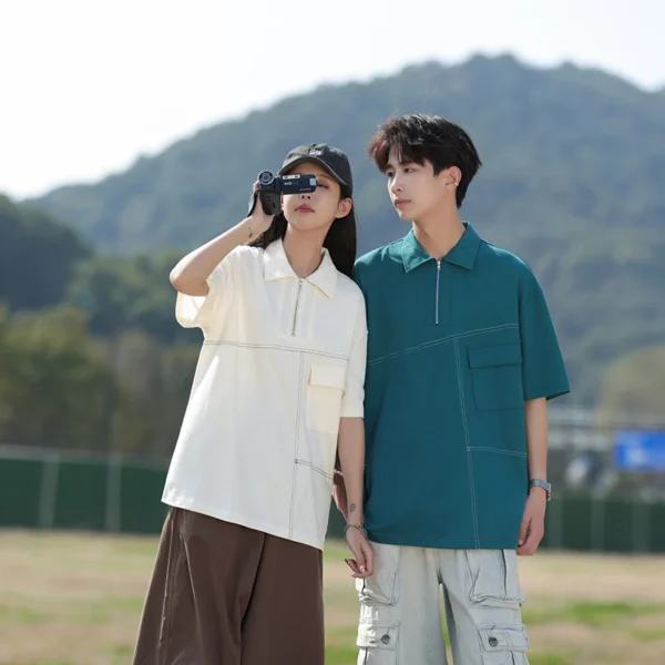 New Summer Fashion Versatile Couple'S Short Sleeve Zipper Collar Top Men'S Korean Youth Casual Trendy Loose Casual T-Shirt - Image 3