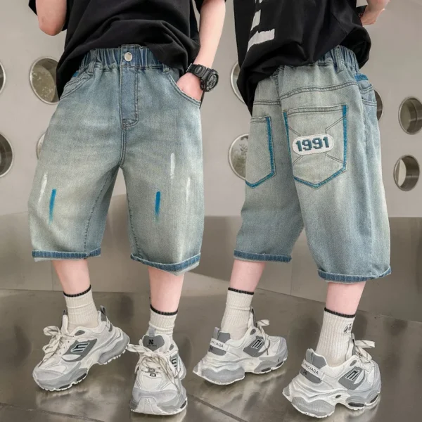 Boys Retro Gothic Denim Shorts For Boys Casual Knee Length short Jeans Teens Child Graffiti Print Summer Shorts with Drawings