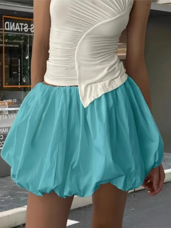 Women's Y2K Style Solid Color All-match Lantern Puffy Balloon Skirt Bubble Skirts Elastic Waist Pleated Ruffle A-Line Mini Skirt - Image 2
