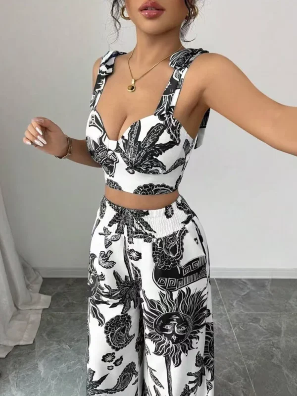 Two Piece Sets Women Pant Print Sling Tops High Waist Wide Leg Pants Drawstring Matching Sets Casual Backless Tops Summer 2025 - Image 6