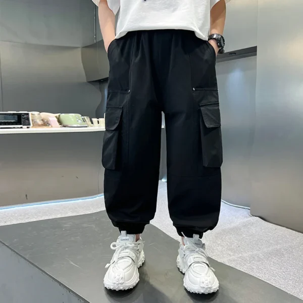 Kids Summer Design Thin Style Cotton Cargo Tapered Pants For Teen Boy Casual Pocket Jogger Trousers Child Solid Color Sweatpants - Image 5