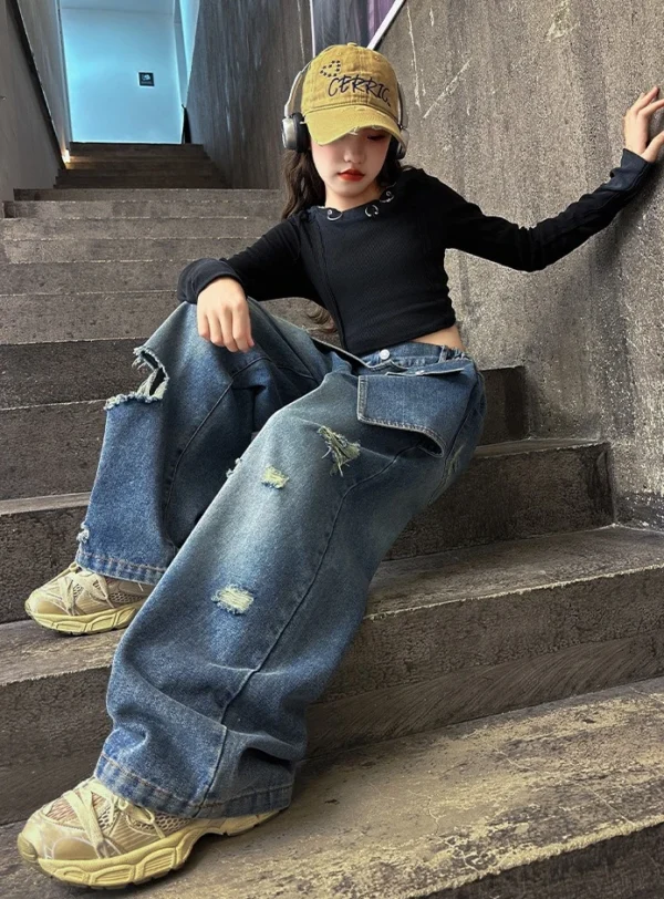 Girls 2025 Distressed Wide-Leg Jeans Autumn New Korean Fashion Ripped Fake Two-Piece Denim Pants for Tweens & Teens - Image 4