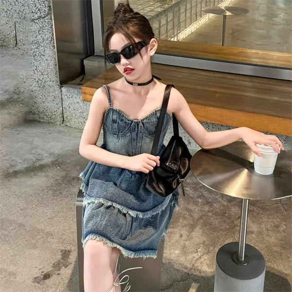 Teen Girls Denim Dresses Summer Sleeveless One-Piece Clothes Kids Jumpsuit Overalls Solid Color Dress Fashion Children's Costume - Image 5