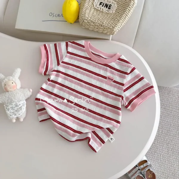 2025 Summer Children Girls Round Collar Top Korean Versatile Spliced Love Kids Girls TeesBaby Girls T-shirt Stripe Short Sleeve - Image 2