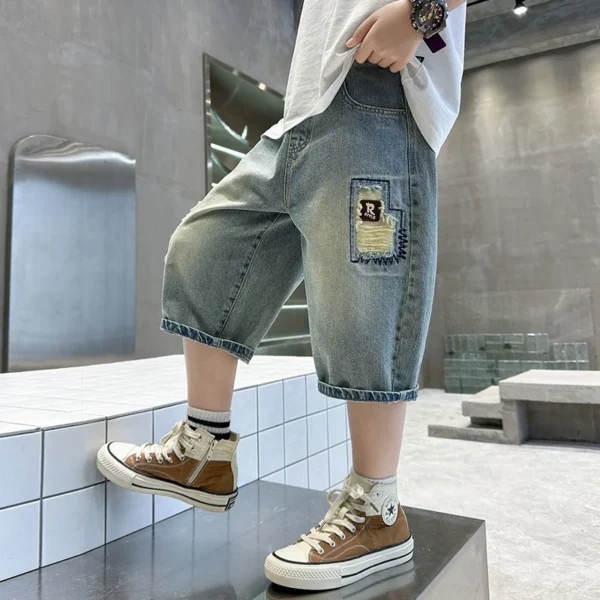 Kids Summe Ripped Denim Shorts for Teens Boy High Fashion Jeans Capris with Hole Children Stylish Mid Calf Pants 5 7 9 11 13 14Y - Image 2