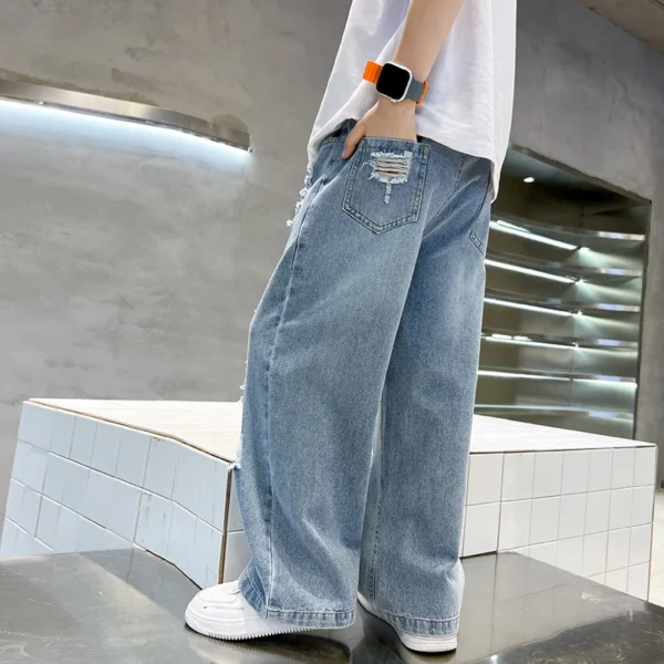 Boy Vintage Streetwear Ripped Baggy Jeans with Holes High Waist Straight Leg Jeans Child Casual Loose Denim Pants For Kids Teen - Image 4