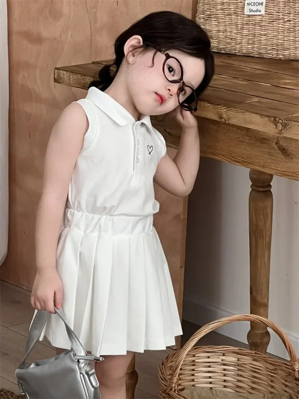 6042 Girl's Suit 2025 Summer New Children's Sports Polo Shirt Set Girls' Love Embroidered Lapel Shirt+Pleated Skirt 2PC Suit - Image 5
