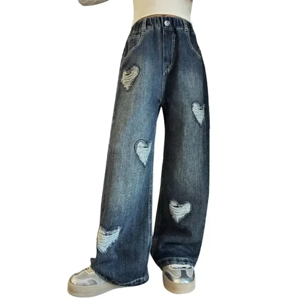 Korean Kids Ripped Jeans with Hearts For Teen Girl Fashion High Waist Teenager Ripped Denim Pants Long Trousers Age 5 To 14 Year - Image 2