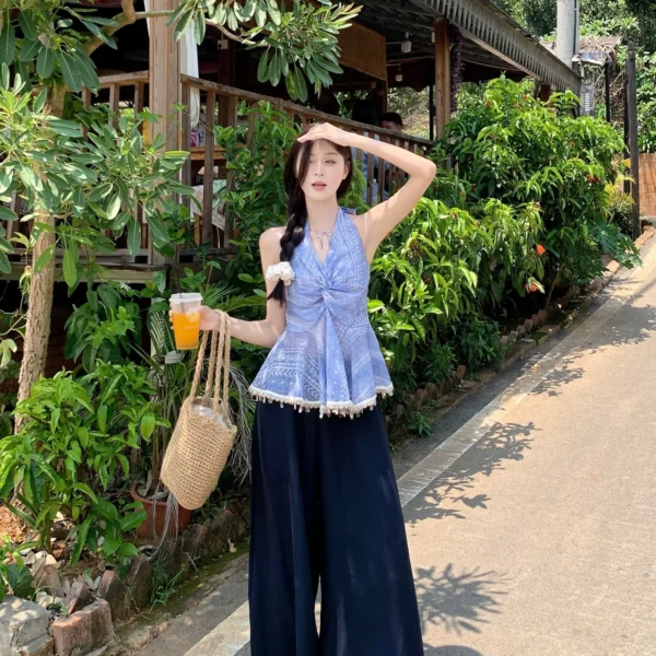 Women Summer Halter Neck Sleeveless Backless Blouse Top Lace Trim Boho Peplum Camisole Elegant Holiday Beachwear Korean Style - Image 3
