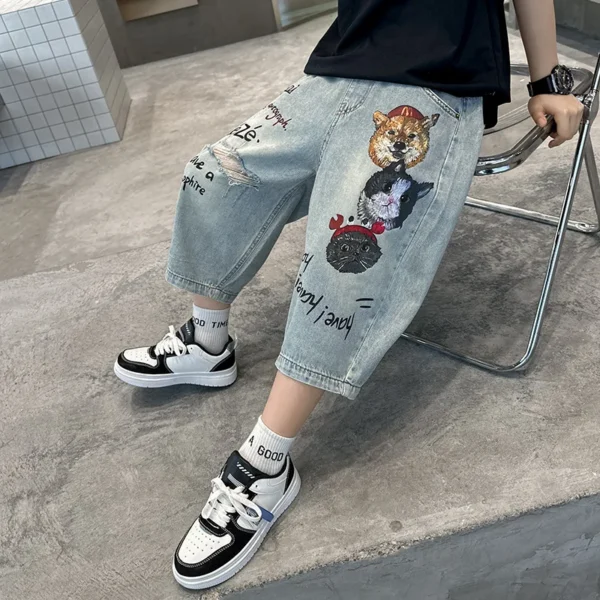 Novelty Kids Summer Capris Shorts For Boys Cat Dog Print Denim Shorts Ripped Jeans Teens Child Casual Cartoon Mid-Calf Pants - Image 3
