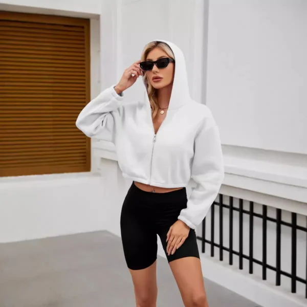 New Women's Sweatshirt Long-sleeved Hooded Short Version Fashionable Zipper Solid Color Sportswear Top Jacket for Women - Image 2