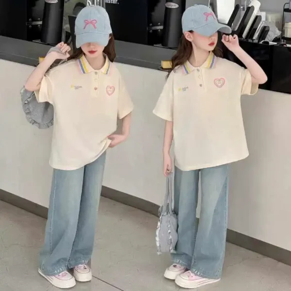 Girls' Summer Set, Short Sleeve Denim Pants 2-piece Set, POLO Shirt, Suitable for Teen Daily Wear, Children's Summer Clothing - Image 2