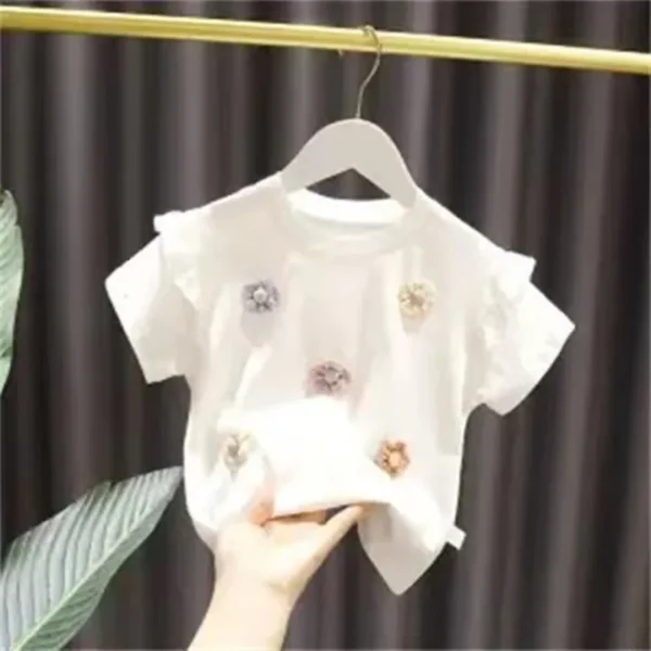 2024 New Summer Girls T-shirt New Children's Baby Cute Lace Short-sleeved Top Little Girl Cotton Bottoming Shirt - Image 2