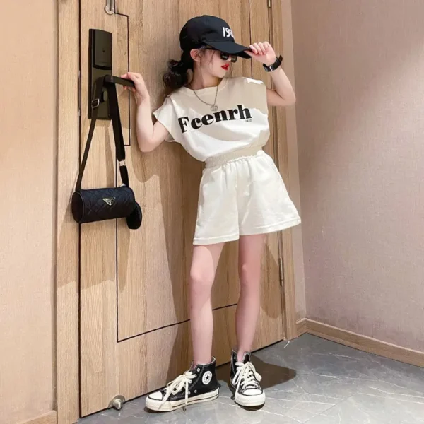 Summer 2025 Girls Suit New Child Clothes Short-Sleeved Shorts Sports letters t shirt + pants Teen Tracksuits Kids 5 7 9 12 year - Image 2