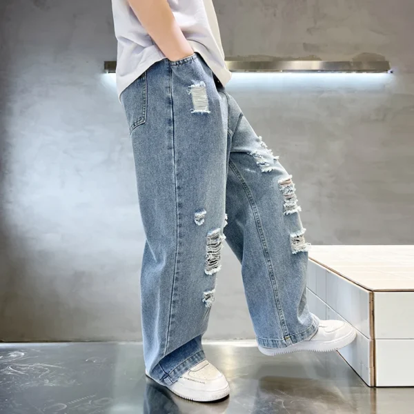 Boy Vintage Streetwear Ripped Baggy Jeans with Holes High Waist Straight Leg Jeans Child Casual Loose Denim Pants For Kids Teen - Image 3