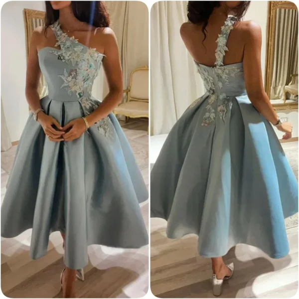 Chic Appliques Evening Dresses A-Line Draped Strapless Tea-Length Cocktail Party Gowns Special Event Luxury Women Prom Dress