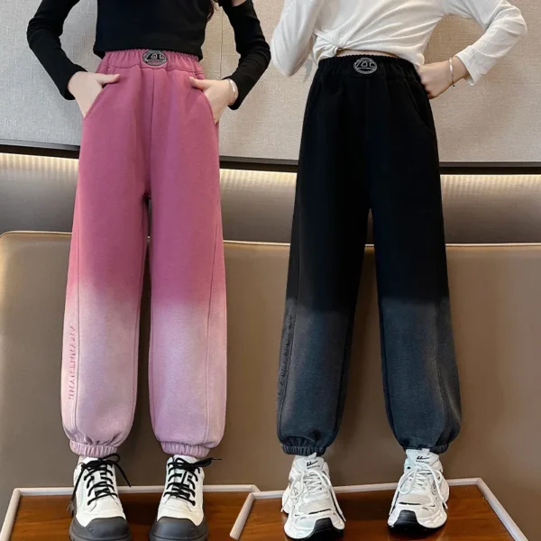 Teenage Girls Pants Spring Autumn Cotton Kids Gradient Design Pocket Jogger Sweatpants Girls Sporty Trousers Trackpants Clothing