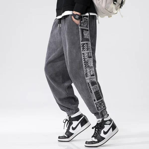 Trousers Chinese Style Printed Stitching Corduroy Men's Casual Pants Autumn Winter New Male Elastic Waist Small Feet Sweatpants - Image 4