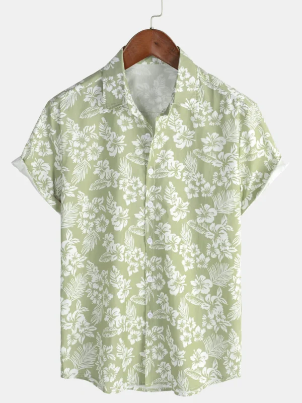 Mens Holiday Hawaiian Floral Button Down Short Sleeve Shirt Lapel Vacation Beach Shirt Blue Green Pink