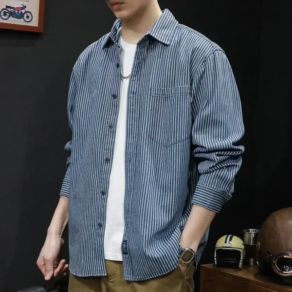 Spring Autumn Striped Shirt Men's Non Ironing Long Sleeve Shirt Casual Loose Denim Jacket Elegant Social Shirts for Men Korean - Image 2