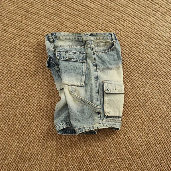 Summer new popular denim medium pants fashion men high street trend baggy multi-pocket cargo quarter - Image 3