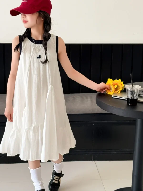 Girls' Summer Vest-style Dress, Sleeveless Ruffled Princess Dress, Suitable for Teens Aged 7-14 for Daily Wear - Image 3