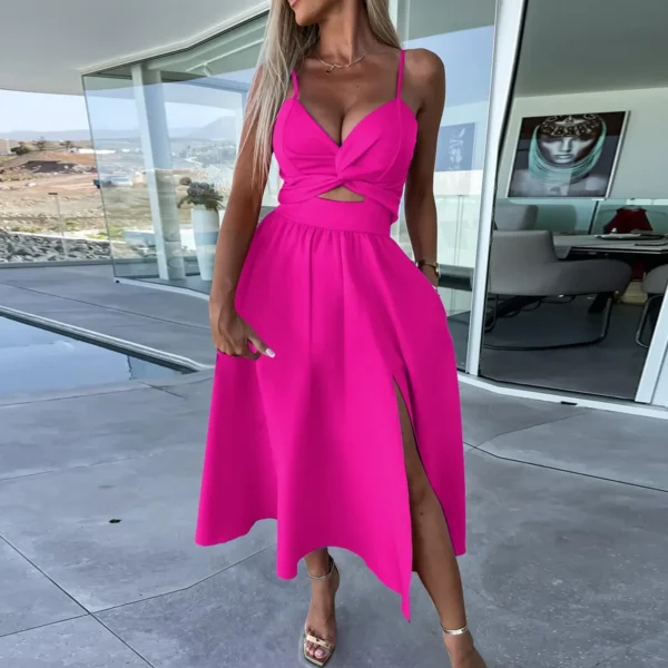 Womens Sexy V-Neck Oversized Strap Dresses Ladies' Fashion Temperament Hollow Out Solid Pleated Slit Evening Cocktail Dresses