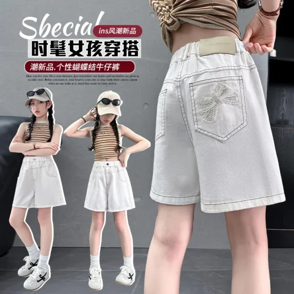 Child Cool Street Knee Short Pants Kids Solid White Denim Shorts Back Pocket with Butterfly for Teen Girls Casual Summer Shorts - Image 2