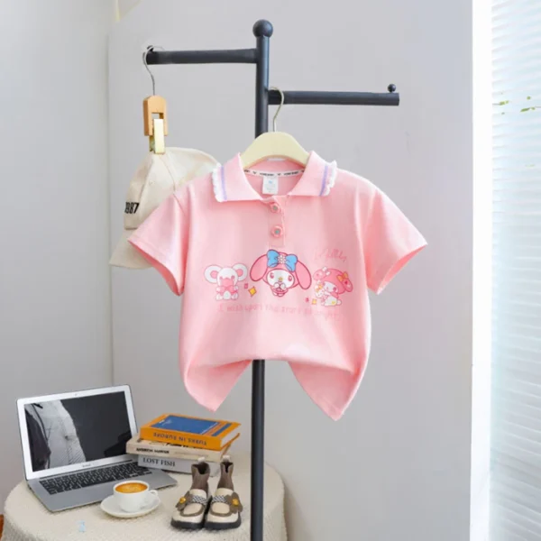 Sanriou Short Sleeve Kuromi T-Shirt Cinnamoroll Polo Shirt Girl Clothing Child Summer Cotton Cartoon College Style Festival Cute - Image 3