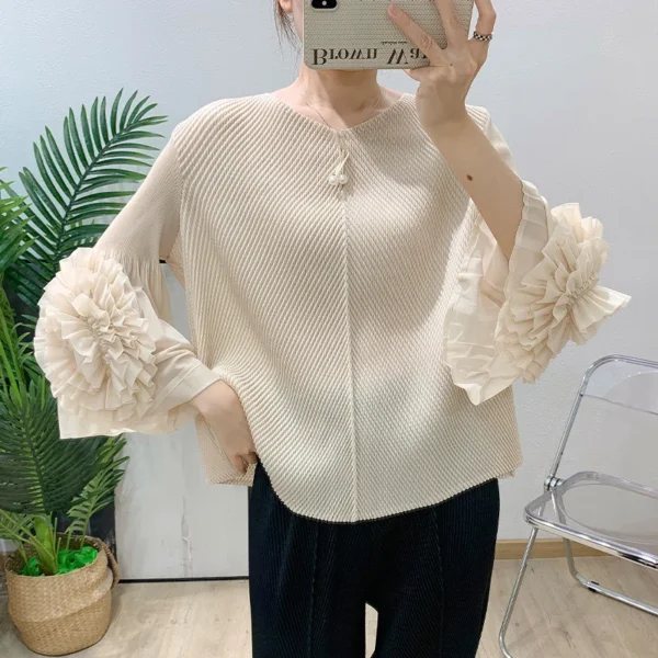 Miyake Pleated Applique Solid Colour Women's Tops 2025 Summer New Premium Sense Fashion Casual Loose Peplum T-Shirt ALSEY
