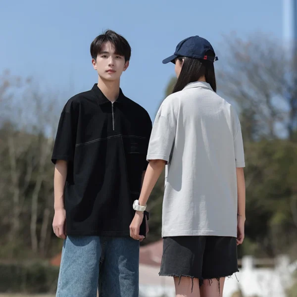 New Summer Fashion Versatile Couple'S Short Sleeve Zipper Collar Top Men'S Korean Youth Casual Trendy Loose Casual T-Shirt - Image 4