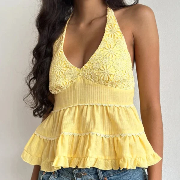 Boho Floral Jacquard Babydoll Crop Tops Summer Backless Tie Up Halter Camis Lace Trim Flowy Peplum Vest Women Going Out Vacation