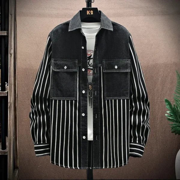 Men's Trendy All-match Loose and Thickened Long-sleeved Jacket with Striped Jacquard Denim Shirt for Spring and Autumn.